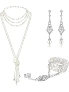 6 Pcs Pearl Jewelry Set 1920s Flapper Accessories For Women Long Multilayer Pearl Necklace Vintage 20s Pearl Bracelet Imitation Dangly Teardrop Pearl Dangle Drop Art Deco Earrings