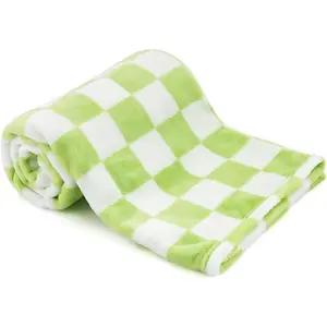 Plush Checkered  Blanket for Boys Girls , 30"*40" Warm Short Fleece Blanket Neutral for  , Small Fuzzy for Sleeping, Chenille or  ( Green&White)