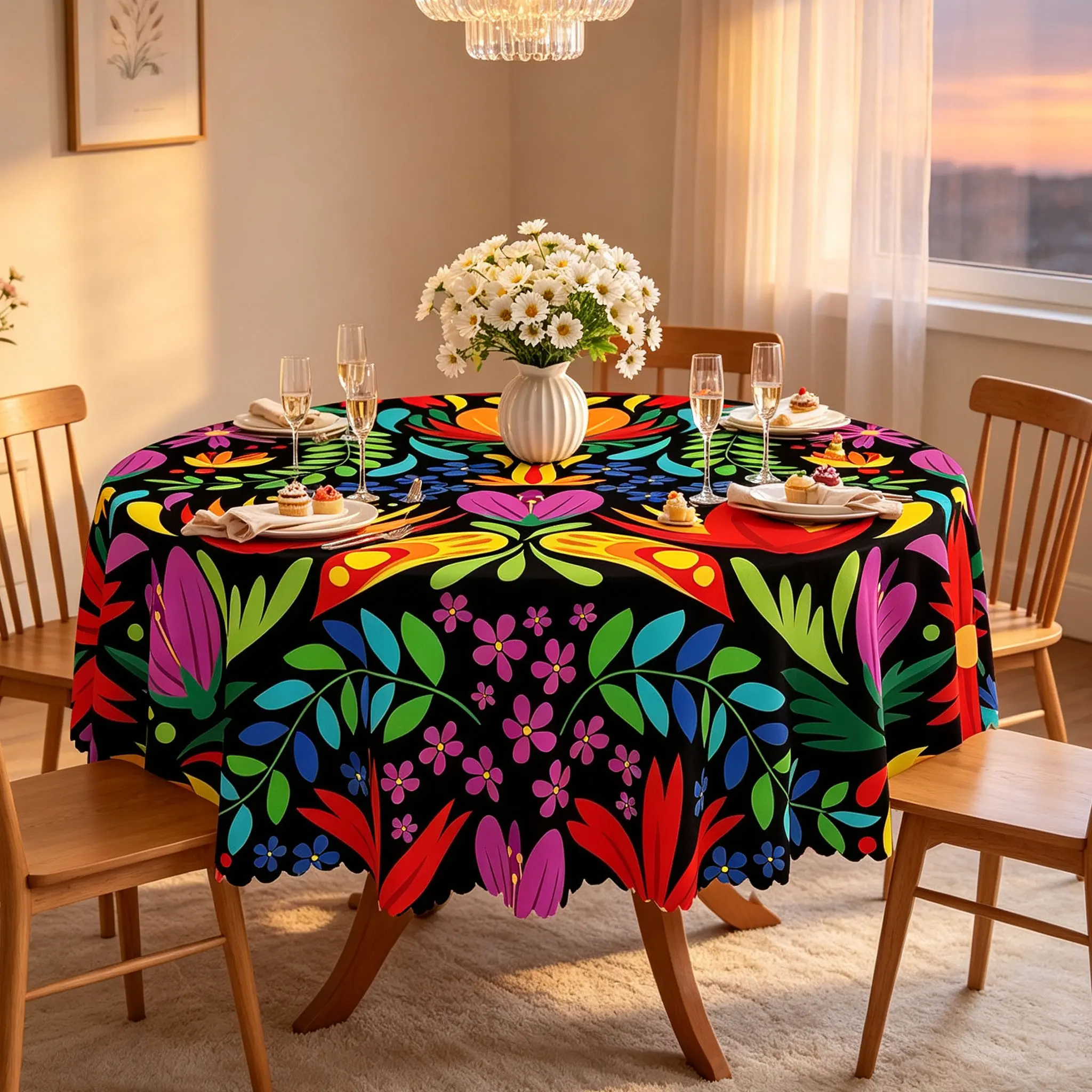 Colorful Floral Tablecloth, Botanical Flower Print Table Cover, Vibrant Washable Dining Table Cloth for Kitchen, Dining Room, Party, Holiday & Home Decor