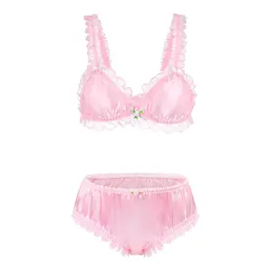 LittleForBig Unisex Nightwear Strap Sleepwear Lingerie Loungewear Sissy Lacy Frill Adjustable Satin Bralette Panties Set
