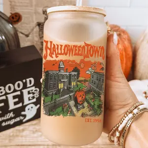 HalloweenTown Glass Cup With lid and Straw, Halloween Glass Tumbler with Bamboo Lid, 16oz Cold Beer Glass with Lid