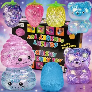 8-Piece Mystery Box Squishy Toy Set, Faux Fruit Malt Bear Adhd Octopus, Glitter Aurora Gold Powder Crystal Malt Fufu, Sensory Stress Relief Toys