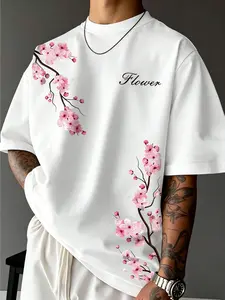 Vintage Cherry Blossom Asymmetric Floral Print T-Shirt, Round Neck, Men's Loose Fit Japanese Style, Casual Long Sleeve Top, Fresh Look Streetwear, Fashion, Menswear