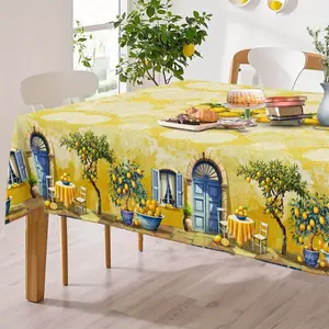 1pc Piece Vintage Lemon Tablecloth - Italian Countryside Art Design with Blue Doors and Windows, Yellow and Green Floral Prints, Polyester Tablecloth, Suitable for Kitchens, Restaurants, Cafes, Parties