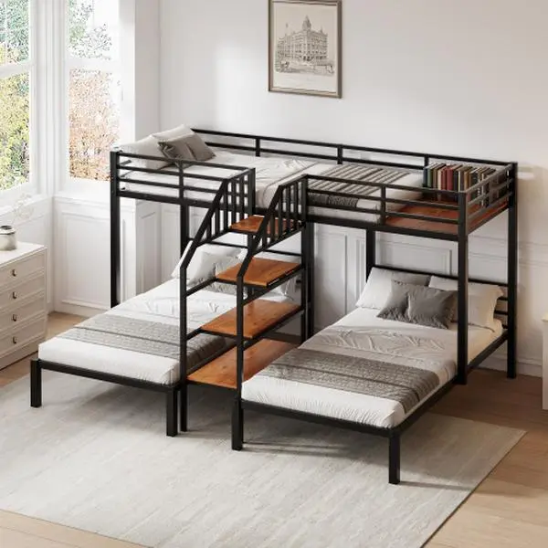 Bellemave Metal Twin over Twin & Twin Bunk Bed, Triple Bunk Bed with Storage Shelves Staircase