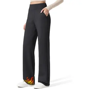 Women Fleece Lined Pants with Pockets Wide Leg Winter Thermal Work Trousers Dressy Casual Petite/Regular/Tall