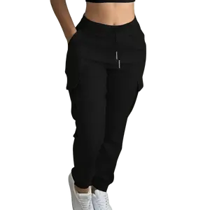 Women's Black Cargo Pants with Elastic Drawstring Waist, Multiple Pockets, Regular Fit, Casual Workwear Style, All-Season Wear