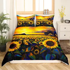 Feelyou King Size Microfiber Sunflower Oil Painting Decorative Duvet Cover - Machine Washable, Breathable Bedroom Bedding Set, Yellow Floral Pattern Bedspread Cover (No Comforter), Microfiber Bed Set