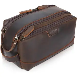 Full Grain Leather Toiletry Bag for Men Large Travel  Case Dopp Kit Shaving Kit Wash Pouch with YKK Zippers