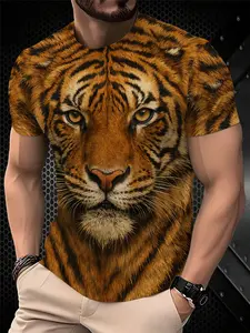 Men's Printed T-Shirt - Black/Gradient Multi-color Trendy Top, Menswear Round-neck Short-Sleeved T-shirt, suitable for daily wear, casual gatherings, fashionable gradient style, machine washable