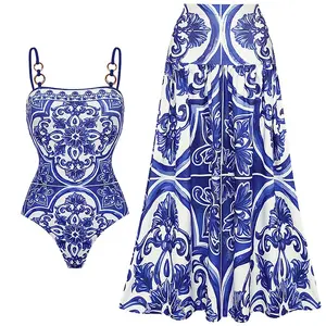 FLAXMAKER Women's Classic Blue Majolica Print One Piece Swimsuit and Skirt Set Bathing Suit Adjustable Shoulder Straps Swimwear TikTokShopBlackFriday