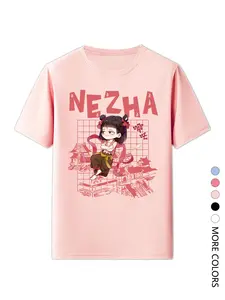 Women's Letter & Nezha Print Round Neck Tee, Casual Short Sleeve T-Shirt for Daily Wear, Ladies All Seasons Tops