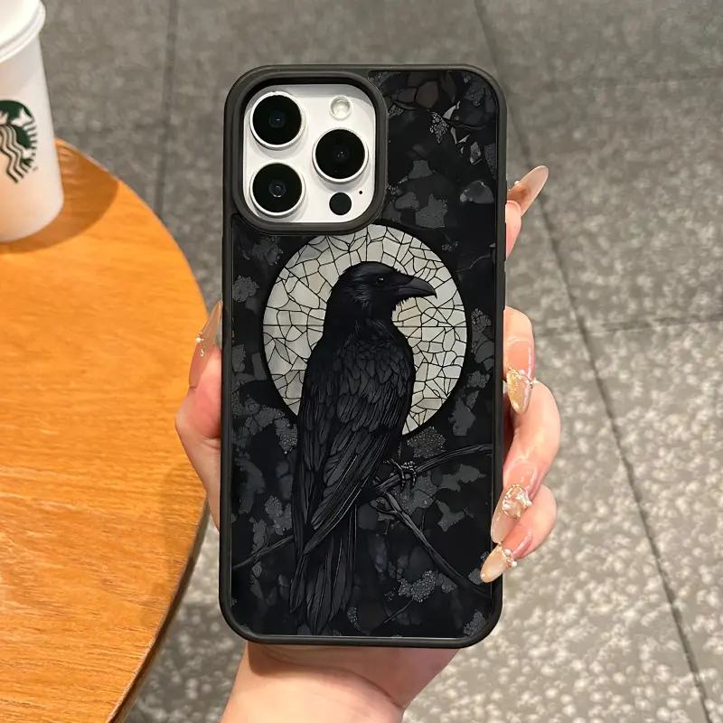 Magnetic Stained Glass Raven TPU Phone Case Cover for iPhone 11/12/13/14/15/16/17 Pro Max, MagSafe-Ready Protective Casing, Anti-Fall, Waterproof, Lightweight Ultra-Thin, Camera Protection, Ideal for Everyday Use, Accessories, Smartphone, Protector, Aesth