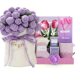 Mom Gifts for Mothers Day, Handmade Knitted Crochet Flower Bouquet Blanket Basket, Birthday Gifts for Women, Anniversary, Wedding, Romantic Unique Gifts for Wife Girlfriend Sister Friends Grandma