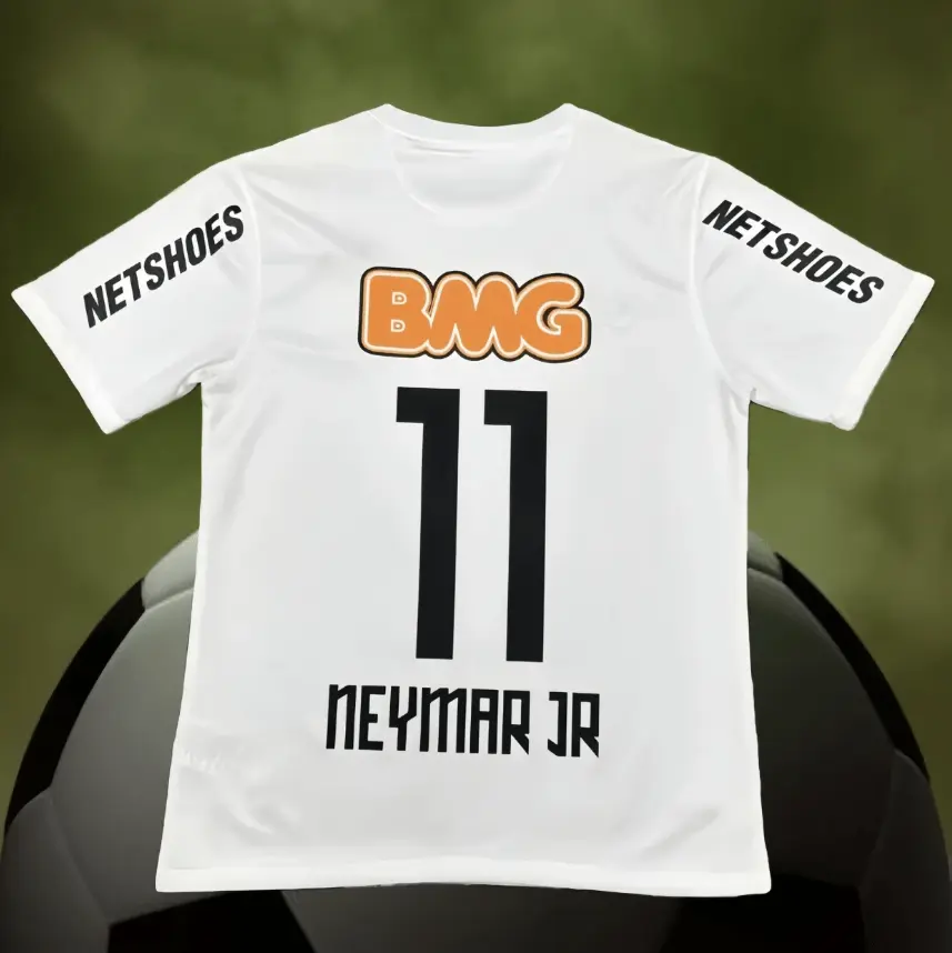 Neymar Jr No. 11 2012 Santos Home Retro Soccer Jersey – White Short Sleeve Football Fan Shirt with Black Number, BMG and Netshoes-Style Graphics