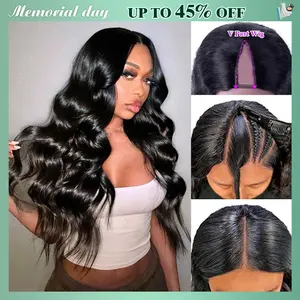 【Updated with Drawstring】Mamushow V Part Wigs With Invisible Strap Drawstring 100% Human Virgin Hair Body Wave Glueless Wig 180% Density Curly Wigs Natural Black #Tiktokshopmemorialday#Summervibes