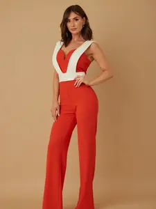 Pleat Detailed Strap Fashion Jumpsuit in Vibrant Red with White Contrast and Wide Leg Design