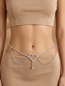 Elegant Silver Color Crystal Heart Waist Chain, Fashionable Sexy Bikini Body Jewelry, Layered Heart Crystal Belly Chain, Y2K Beach Bikini Accessory