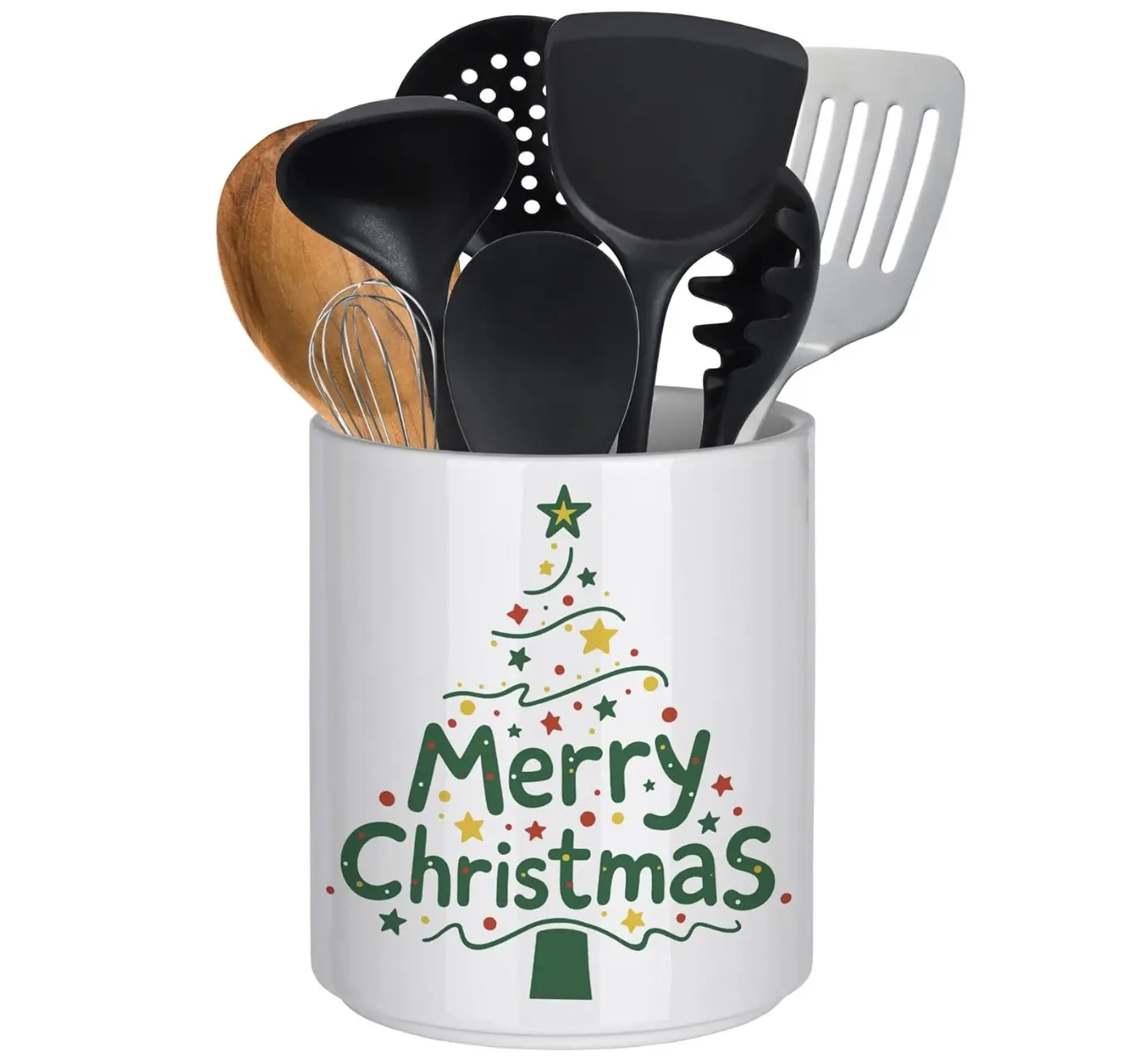 Ceramic Utensil Holder for Kitchen Counter, Large Christmas Trees Utensil Crock, Xmas Winter Spoon Cooking holder for Home Farmhouse Countertop Decor