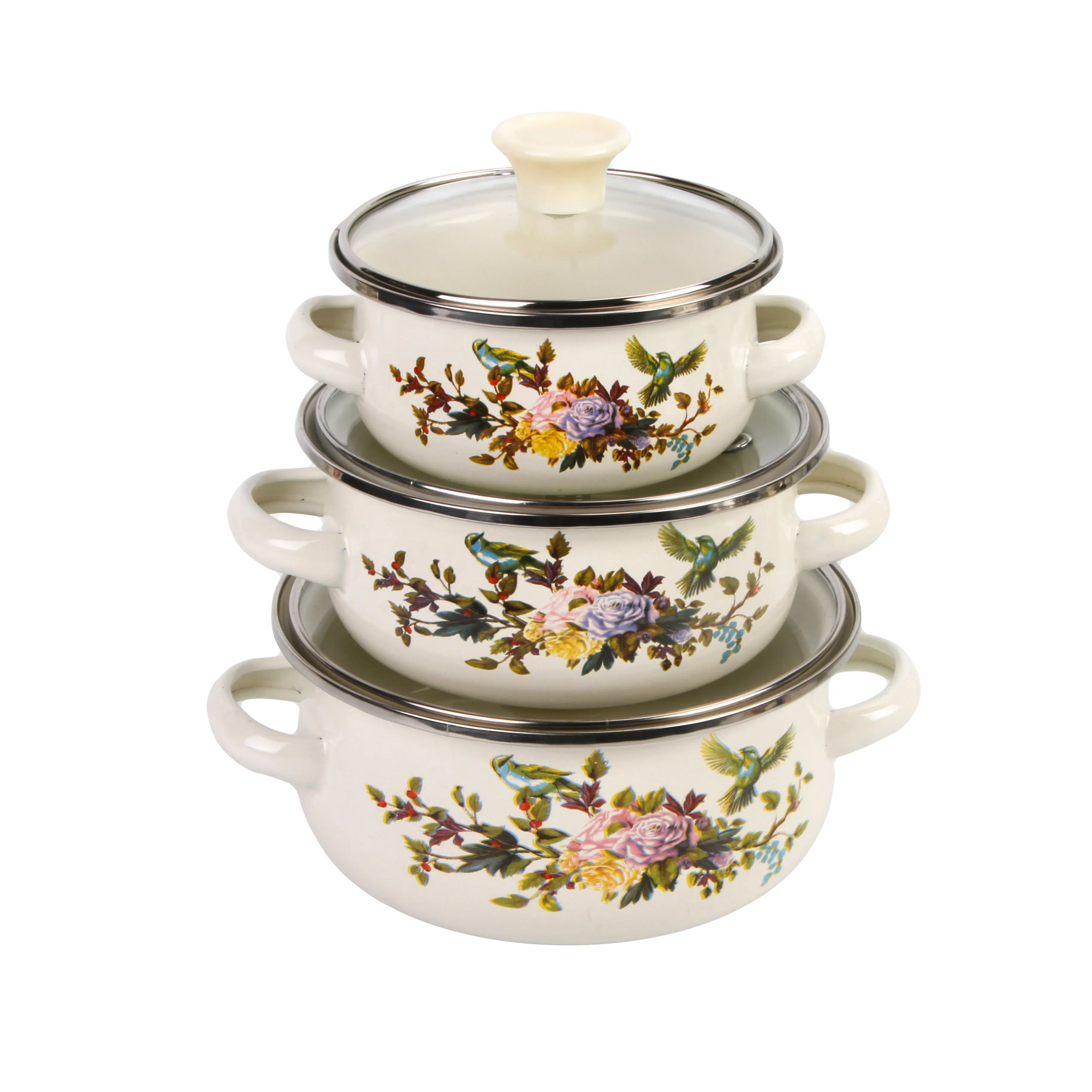 Enamel 3-Piece Multi-Size Flower Pattern Stockpot Set (12cm/14cm/16cm) with Handle - Non-Toxic, Easy-to-Clean, Bird Flowers Design Cookware Sets for Home Cooking, Gas Stoves, Induction Cooktops, Soup to Storage