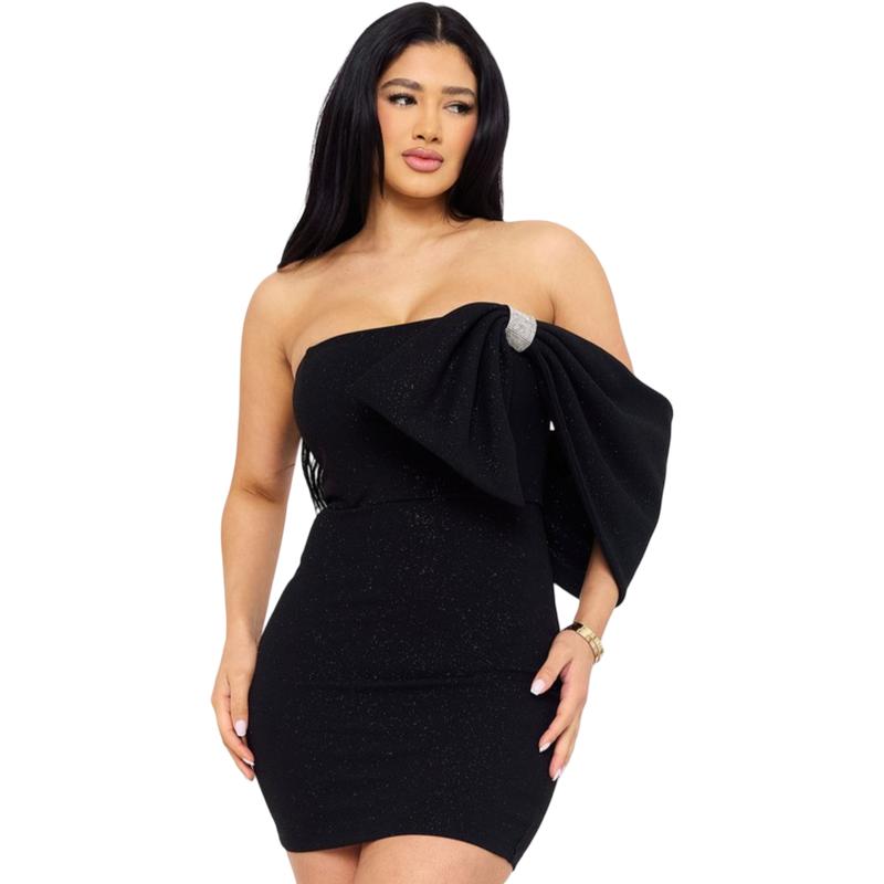 Glitter Strapless Side Bow Mini Dress with Rhinestone Trim - Black, Tube Top, Back Zipper, Moderate Stretch, 95% Polyester 5% Spandex
