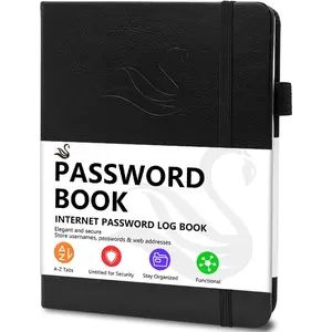Elegant Password Book with Alphabetical Tabs - Hardcover Password Book for Internet Website Address Login - 7" x 10" Password Keeper and Organizer w/Notes Section &  Pocket (Black)