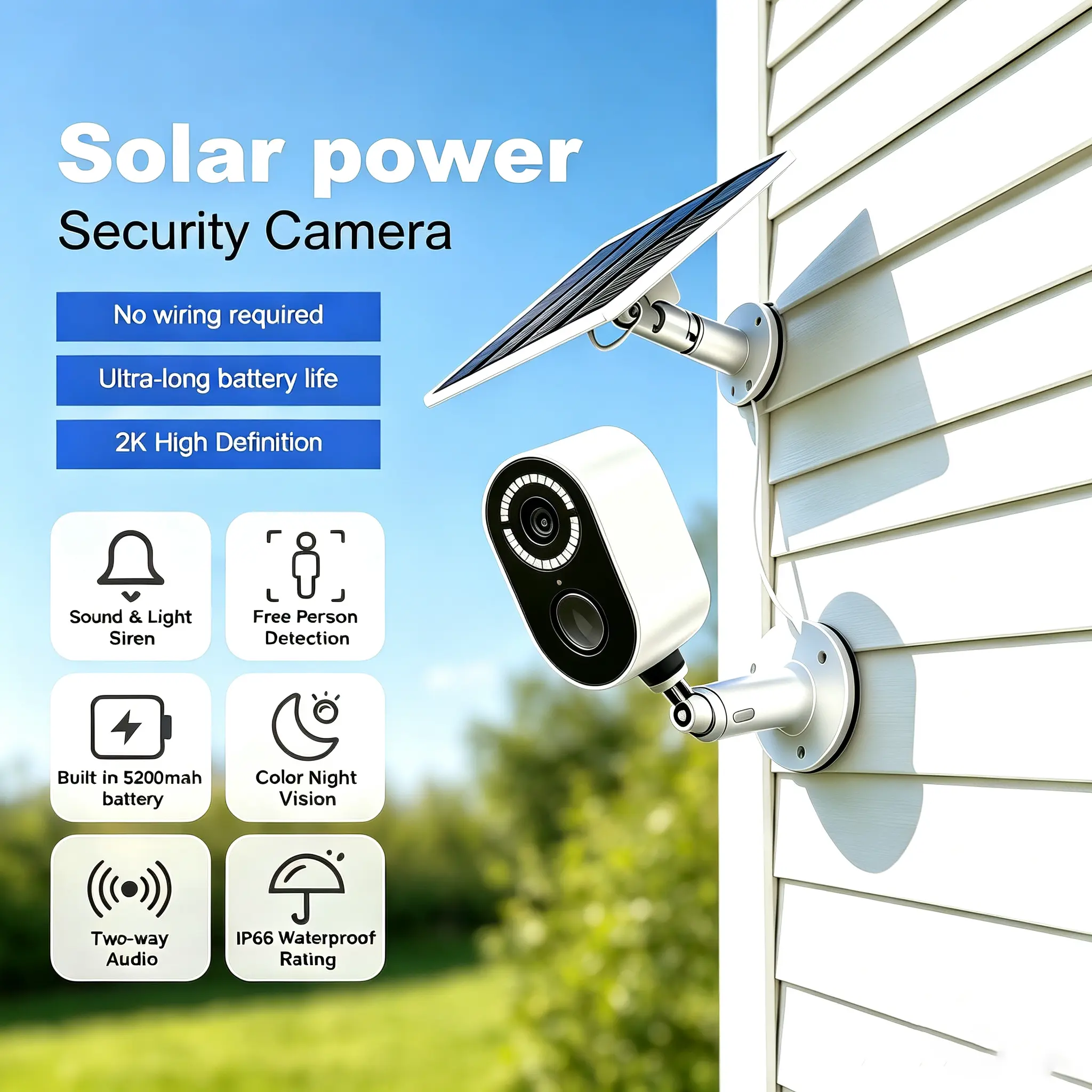 2K Wireless Solar Powered Outdoor Security Camera, IP66 Waterproof Durable, 2.4GHz WiFi, Color Night Vision, AI Motion Detection, Two-Way Audio, App Remote for Home/Yard/Office