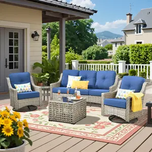 [4 packages delivery] 5 Piece Rattan Outdoor Patio Furniture Set, Weather-Resistant Outdoor Conversation Furniture with Coffee Table, Outdoor Patio Modular Sofa Set with Thick Cushions and Backrest