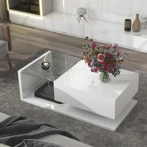 [VIDEO Provided] ON-TREND Modern Coffee Table with Tempered Glass, Wooden Cocktail Table with High-gloss UV Surface, Modernist 2-Tier Rectangle Center Table for Living Room