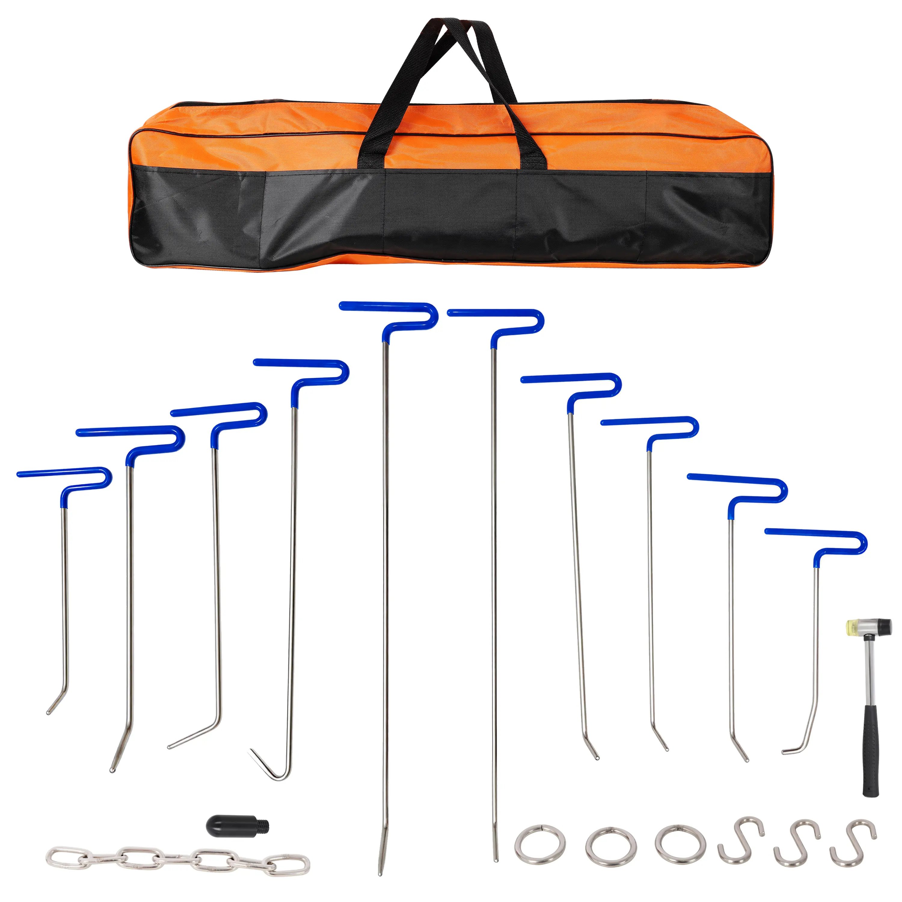 20 Pcs Stainless Steel Paintless Dent Repair Rods Kit - Includes Rubber Hammer, Pulling Chains, Hooks - Professional Car Body Repair Tools for Hail Damage, Door Dings