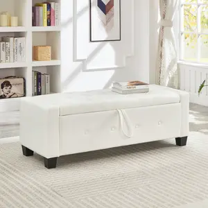 48" Ottoman with Storage, End of Bed Bench with Button-Tufted Large Upholstered Storage Ottoman Entryway Bench Storage Bench for Bedroom, Living Room, PU, White