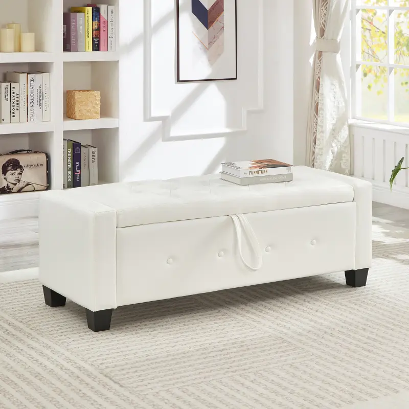 48" Ottoman with Storage, End of Bed Bench with Button-Tufted Large Upholstered Storage Ottoman Entryway Bench Storage Bench for Bedroom, Living Room, PU, White