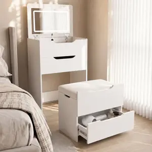 3-in-1 Vanity Set with Flip-Top Mirror & Lighting, Glass Tabletop, Compact Design, 3 Drawers, Stowable Padded Stool—Ideal for the Bedroom (White) Pantry
