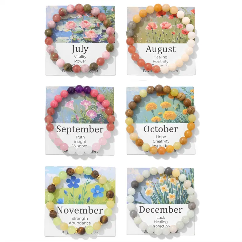 Floral Stone Beaded Bracelets Set for Women, 6-Piece Elegant Costume Jewelry with Month Flower Designs, Floral Theme, Six Pieces