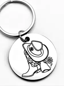 Cowboy Hat & Boots Design Keychain, Cute Cowgirl Themed Round Shaped Stainless Steel Keychain for Women & Men, Fashion Accessories for Bag & Backpack Decor
