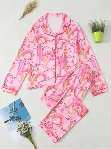 Women's Cactus Rainbow Pajama Set, Long Sleeve Shirt & Pants, Cute Tropical Print, All-Season Comfortable Sleepwear