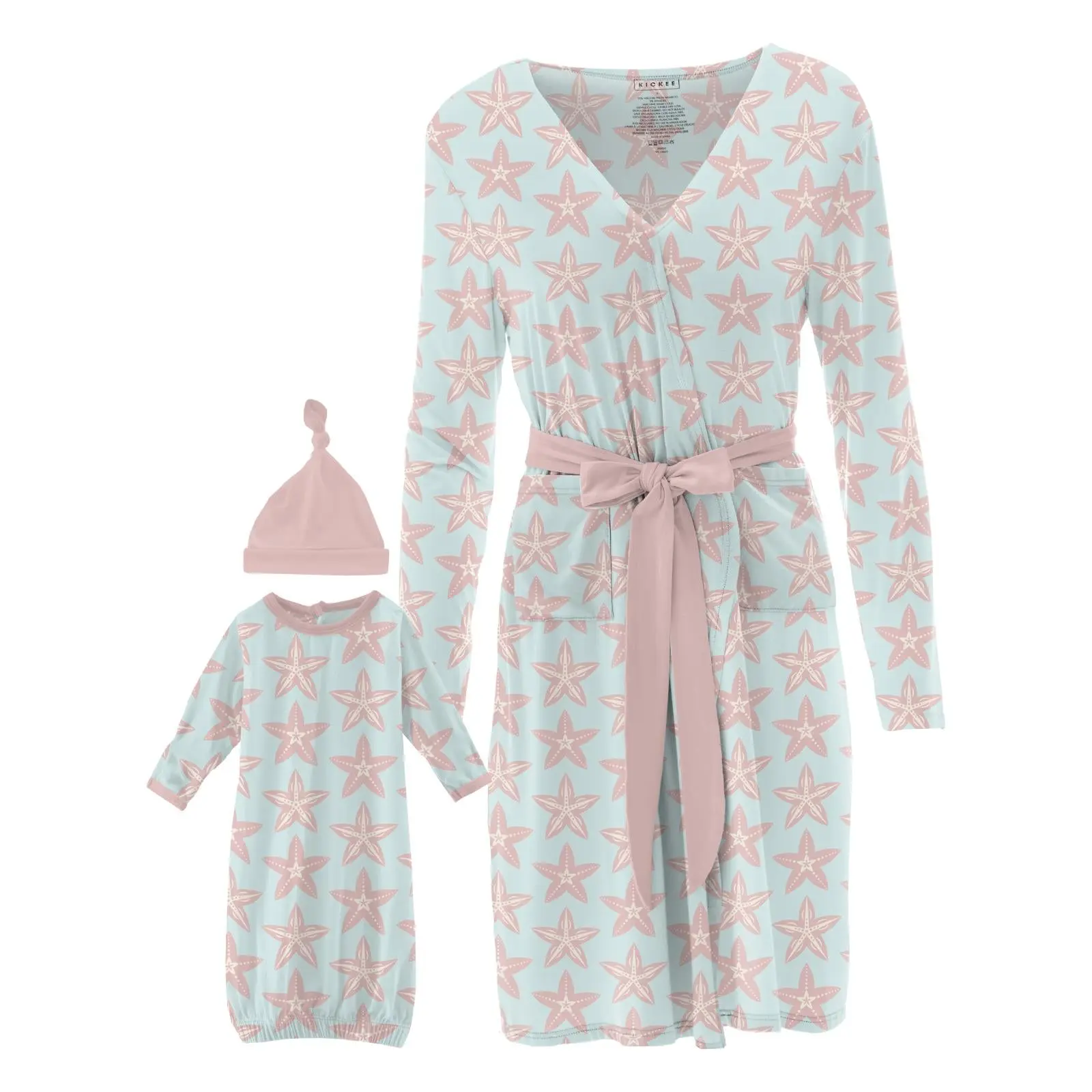 Women's Mid Length Lounge Robe & Layette Gown Set in Fresh Air Fancy Starfish