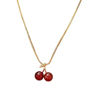 Cherry Charm Necklace for Women - Trendy Fashion Accessory with Red Cherry Charms