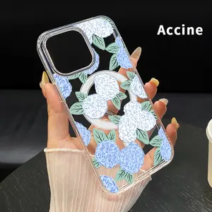 Clear Phone Case for iPhone 17 16  Pro Max Plus 15 14 13 12 11 Air E Hydrangea Leaf Pattern  Pattern Magnetic Sunction Acrylic Back Full Body Protective Cover