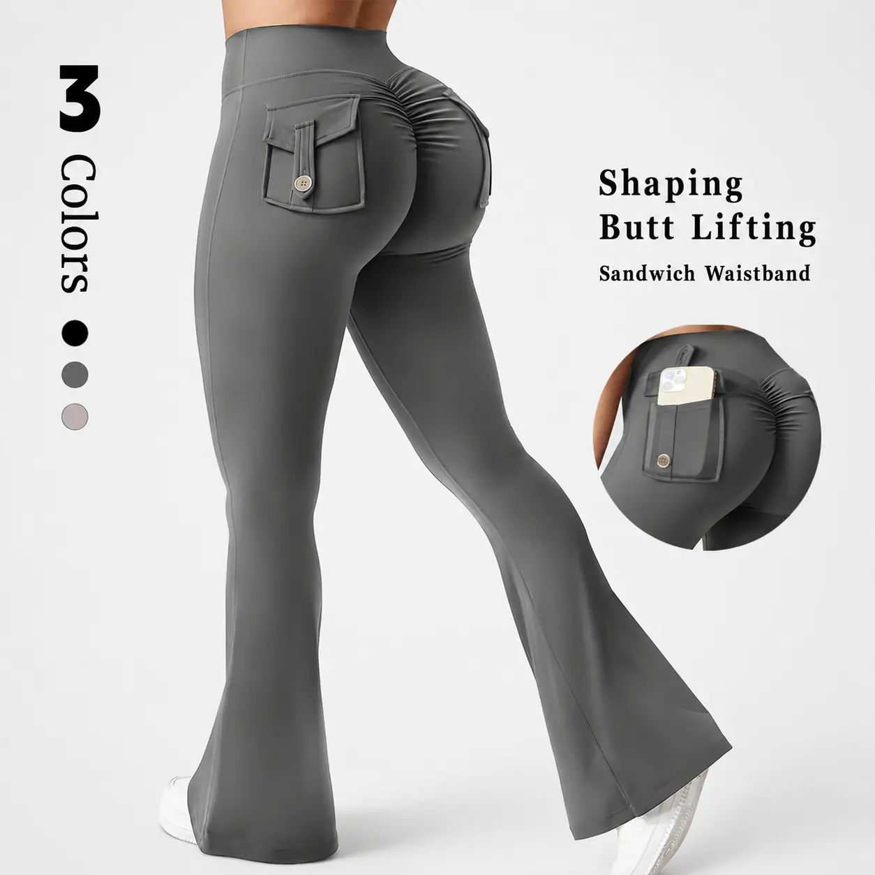 Womens Yoga Pants Flare Leggings With Cargo Pockets Scrunch Butt Lifting High Waist Tummy Control Gym Workout Bootcut