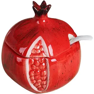 Ceramics Fruit Shaped Sugar Bowl Salt Pot Pepper Storage Jar with Lid and Spoon Seasoning Box Condiment Pots (Red Pomegranate)