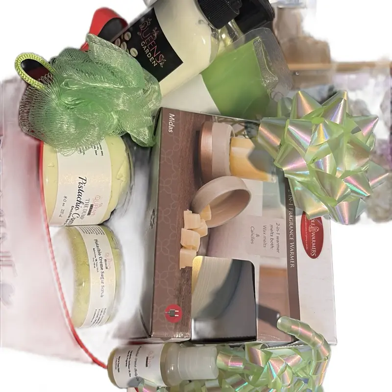 Valentine Pistachio Scented Gift-Set with Body Butter, Bodywash, Lotion, Oil & Oil Warmer - Comfort Cosmetics for a Delightful Experience Skin Care Moisturizing Cleanser Soothing Gentle
