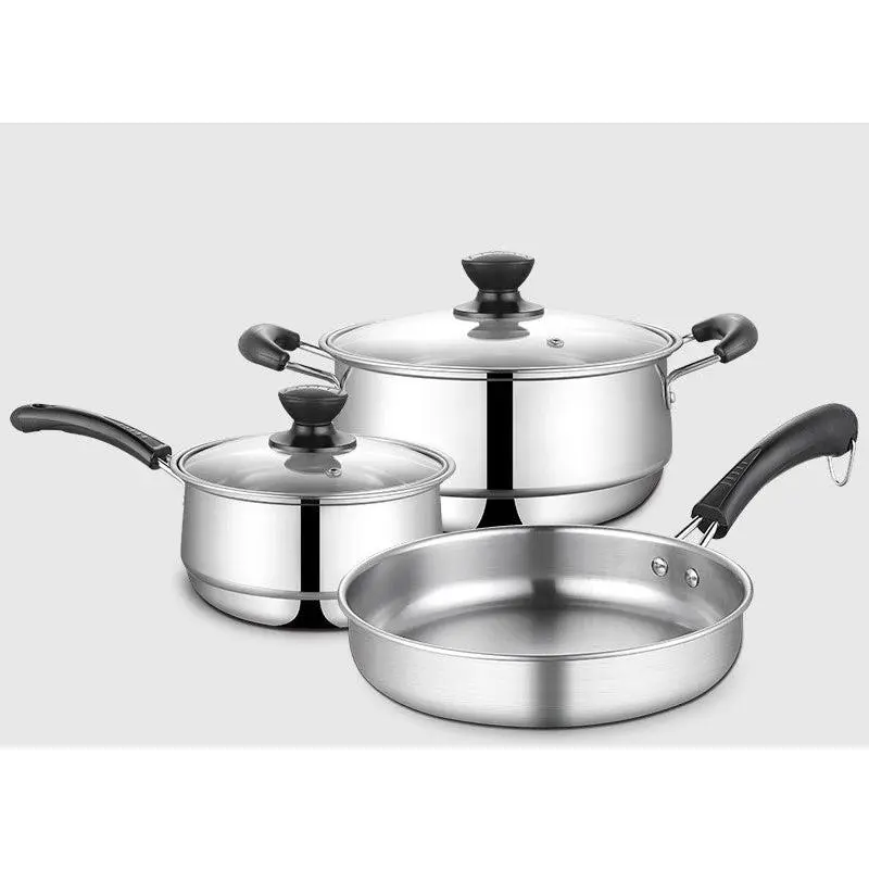 3-Piece Stainless Steel Cookware Set – Wok, Soup Pot & Saucepan with Glass Lids