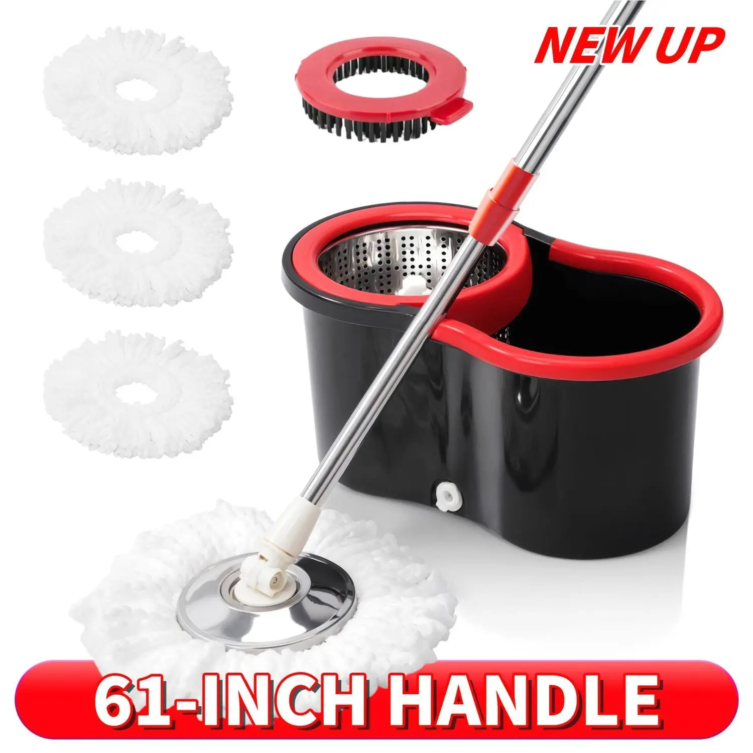 Spin Mop And Bucket Set with Wringer, 360° Rotating Mop Bucket System, Includes 3 Microfiber Mop Refill Heads And A 61-Inch Adjustable Stainless Steel Handle, Ideal for Bathroom Use, Efficient Floor Cleaning, Home Cleaning