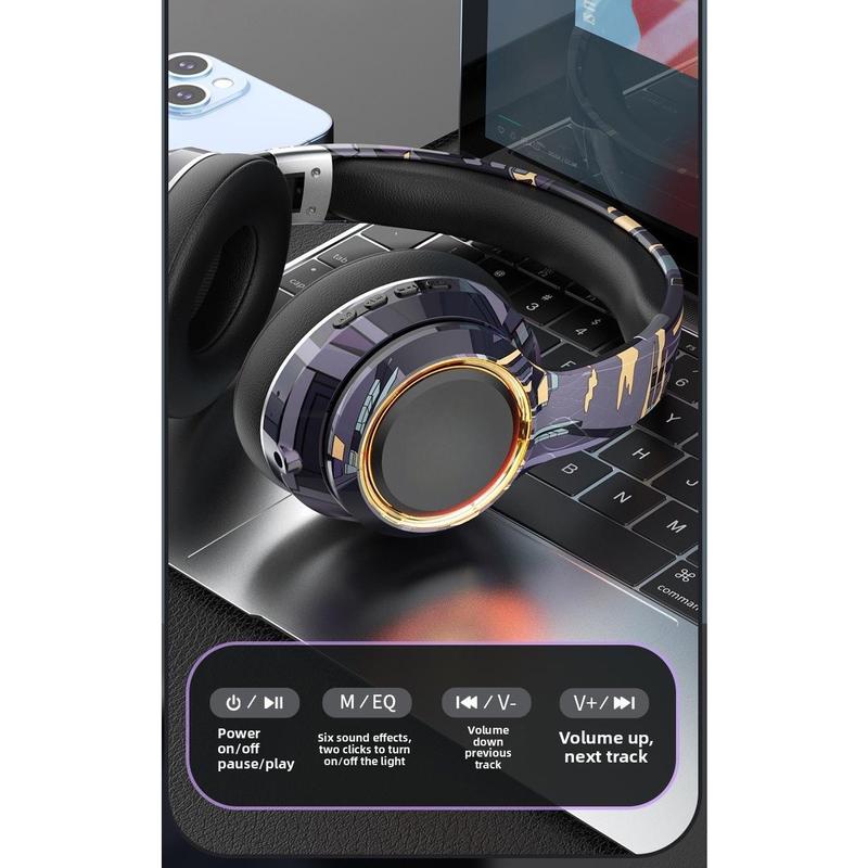 Luminous wireless over-ear Bluetooth headphones with SD card slot, noise cancellation, suitable for gaming and mobile phones.