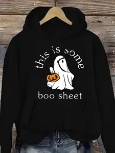 Women's Halloween Ghost & Letter Print Drawstring Pocket Hoodie, Casual Long Sleeve Hooded Sweatshirt for Fall & Winter, Women's Clothes for Daily Wear