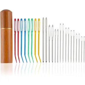 24pcs Large Eye Sewing Needles Kit, Stainless Steel Blunt Darning Needles & Bent Tapestry Needles & Sharp Hand Knitting Needles with Wooden Case,Perfect for Crochet/Darning/Yarn/Embroidery Projects