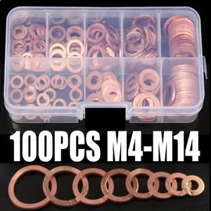 100pcs Copper Washer Set, M4-M14 Flat Washers, Oil Pan Bolt, Water Pipe, Fuel Connector, Multi-Function Seal Rings, DIY Repair Kit