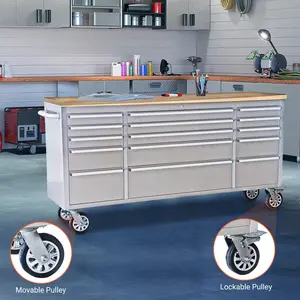 72 Inch Rolling Tool Chest Cabinet, Stainless Steel Mobile Workbench with 15 Drawers & Rubberwood Tabletop, Tool Organizer for Garage/Workshop/Warehouse
