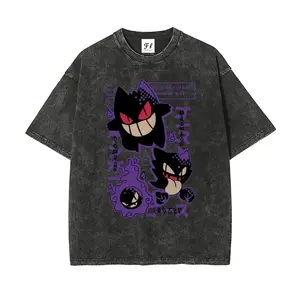 Men's Unisex Retro Pocket Monsters Japanese Text Print Washed Cotton T-Shirt - Short-Sleeve, Comfortable Everyday Fabric, Summer Casual Top